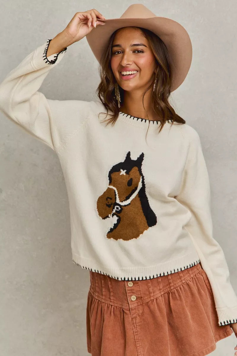 SO ME Horse Knit Sweater Top with Blanket Stitch c1f21c5d58f2493b8b7c12d028ff7382-Max-Origin