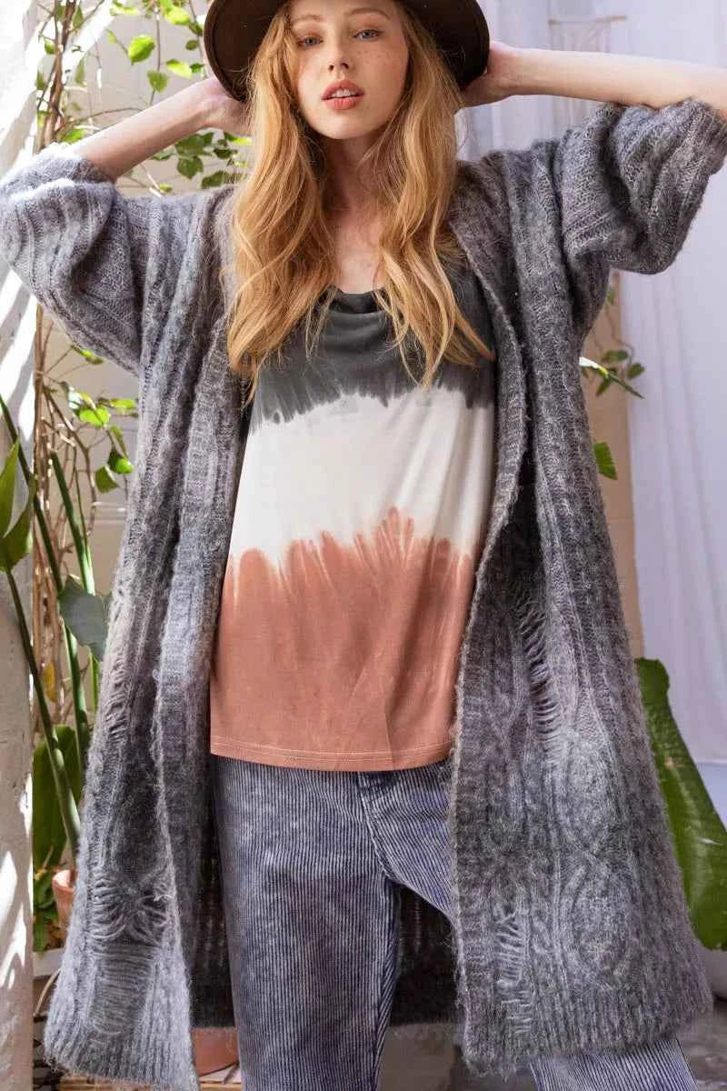 POL Distressed Cable-Knit Ombre Dying Cardigan POL Distressed Cable-Knit Ombre Dying Cardigan