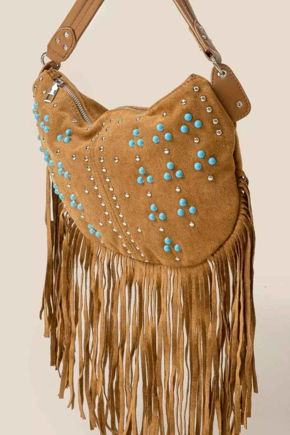 Fame Studded Pattern Multi Fringe Hobo Shoulder Bag Fame Studded Pattern Multi Fringe Hobo Shoulder Bag