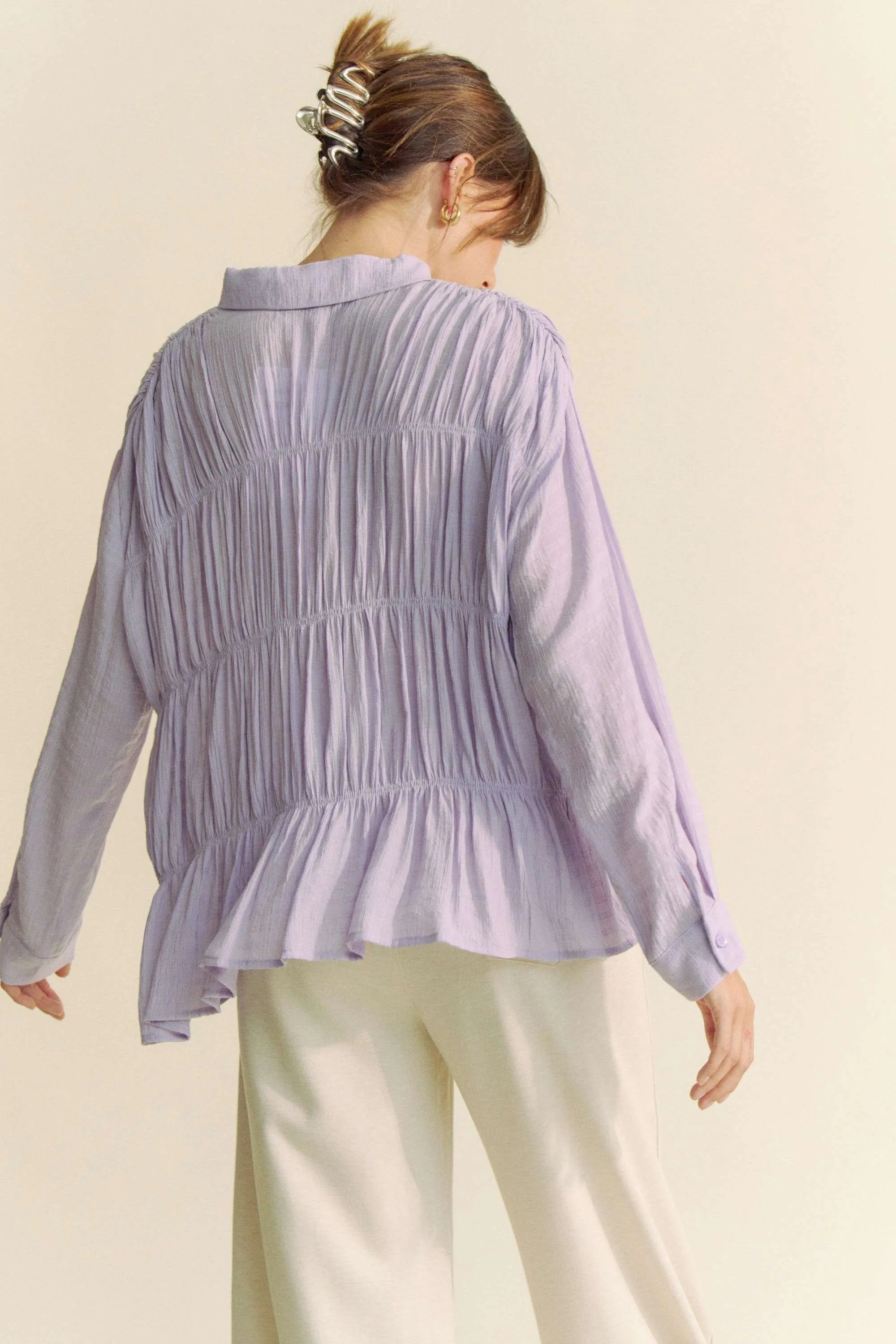 Davi & Dani Ruched All Over Button Front Shirt c257f86207ff44089e7269f0bd01b22f-Max-Origin