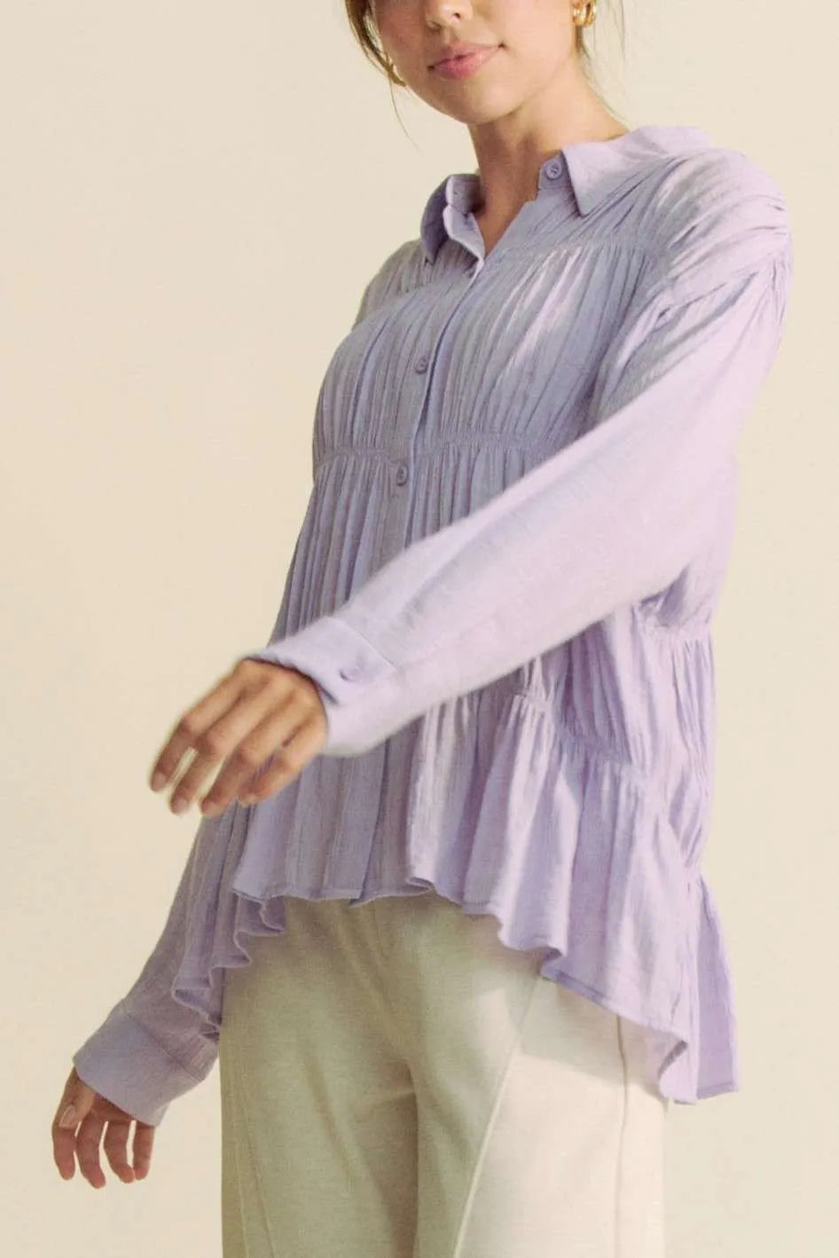 Davi & Dani Ruched All Over Button Front Shirt c273c5189e1c41a489ee6655d8e6956e-Max-Origin