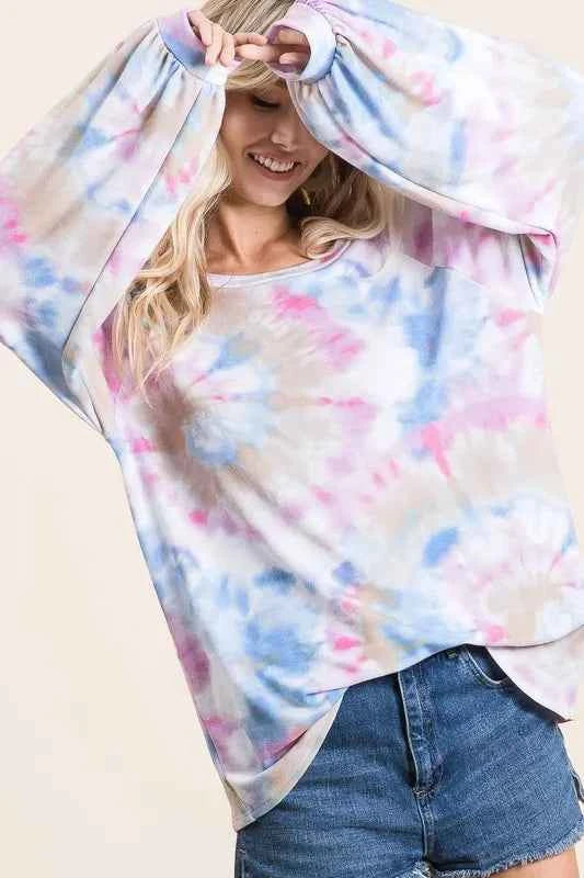 BiBi Tie Dye Print Terry Top With Puff Sleeves BiBi Tie Dye Print Terry Top With Puff Sleeves