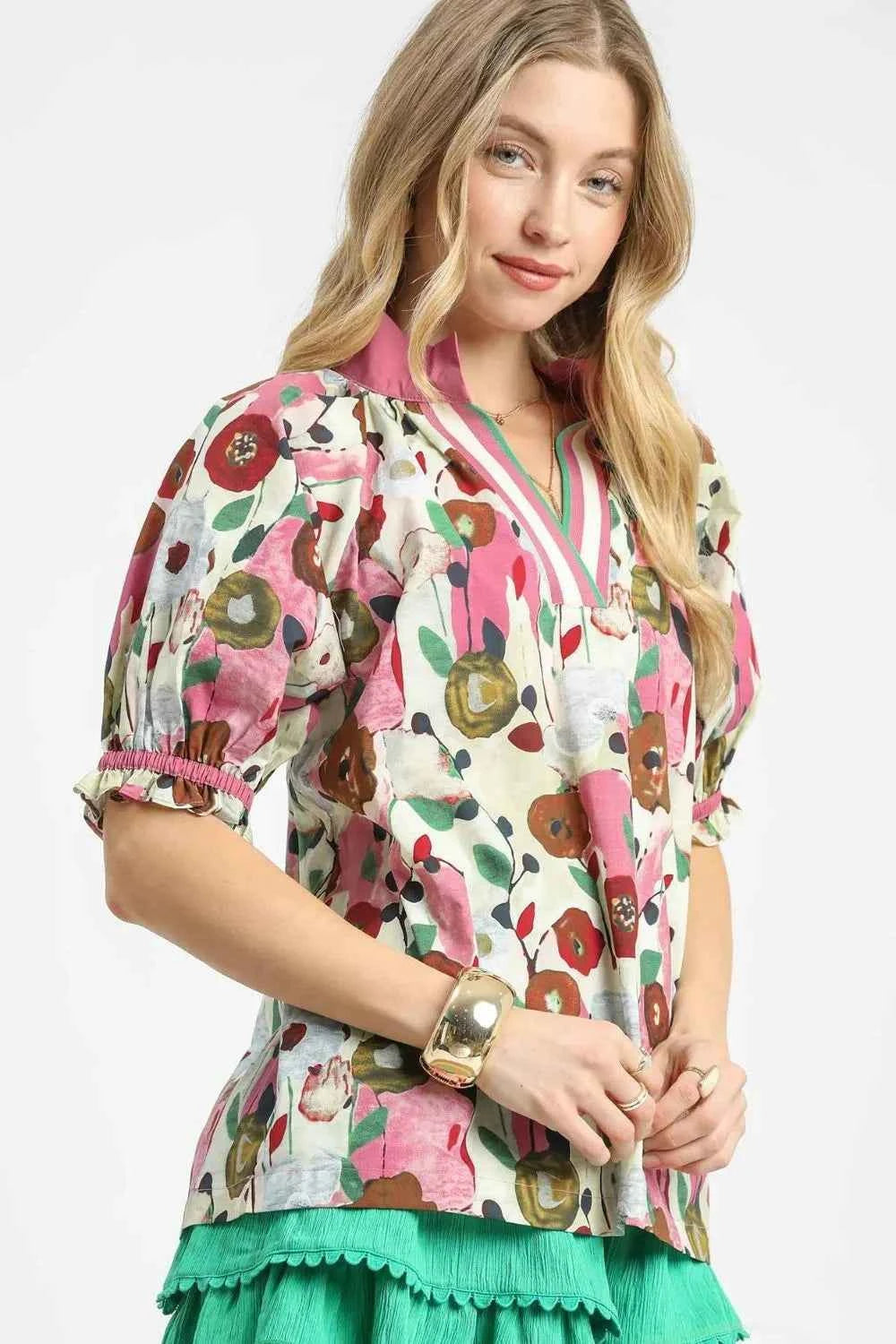 Umgee Floral Print Puff Sleeve Oversized Blouse Umgee Floral Print Puff Sleeve Oversized Blouse