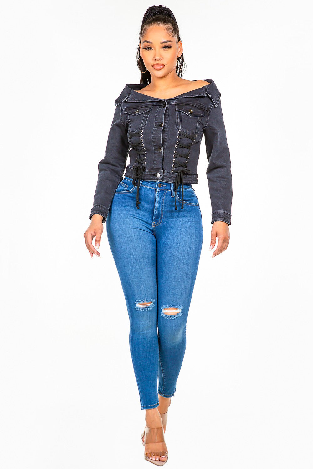 American Bazi Off Shoulder Lace Up Denim Jacket American Bazi Off Shoulder Lace Up Denim Jacket