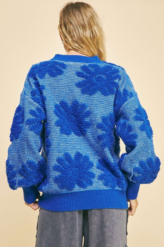 Davi & Dani Flower Texture Round Neck Dropped Shoulder Sweater Davi & Dani Flower Texture Round Neck Dropped Shoulder Sweater