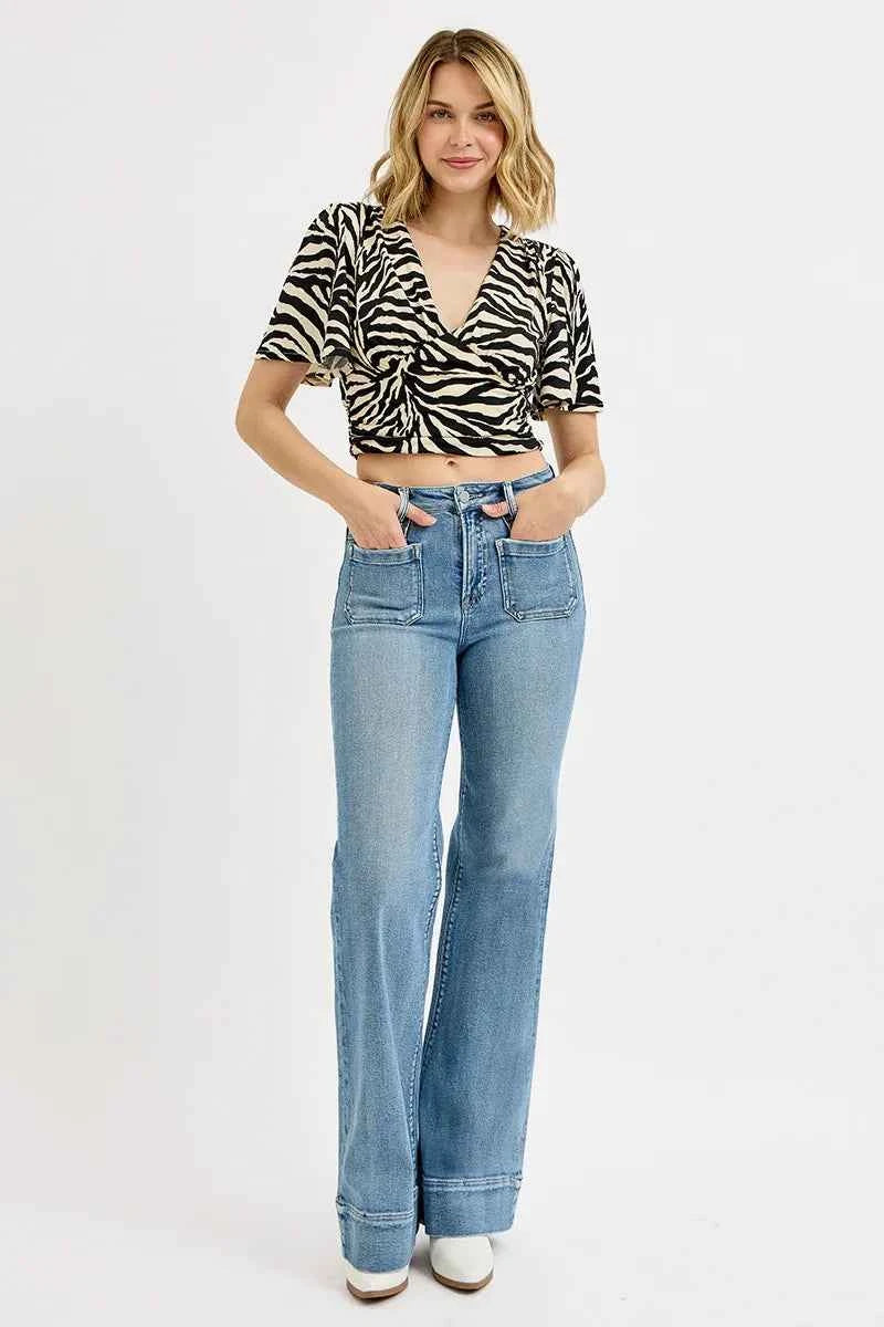 RISEN Full Size High Rise Wide Flare Patch Pocket Jeans Plus Size RISEN Full Size High Rise Wide Flare Patch Pocket Jeans Plus Size