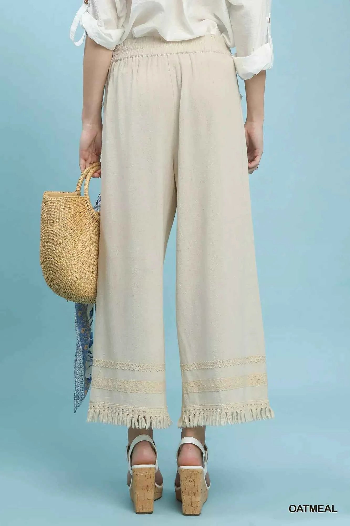 Umgee Lace Trim Fringe Hem Wide Leg Pants Umgee Lace Trim Fringe Hem Wide Leg Pants