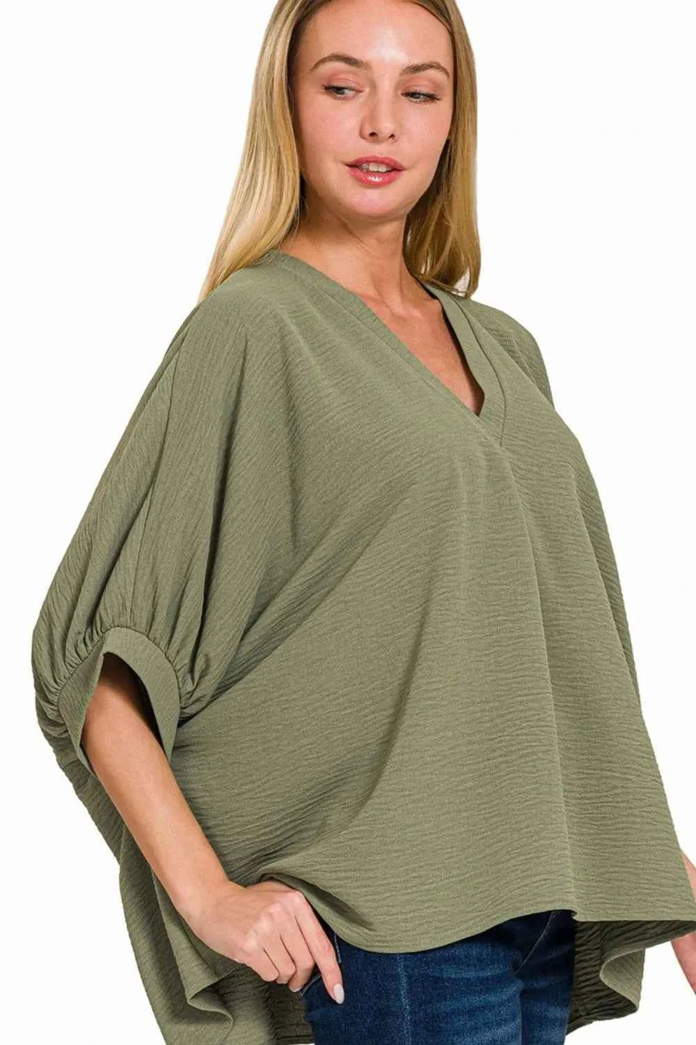 Zenana Woven Airflow V-neck Puff Half Sleeve Top Zenana Woven Airflow V-neck Puff Half Sleeve Top
