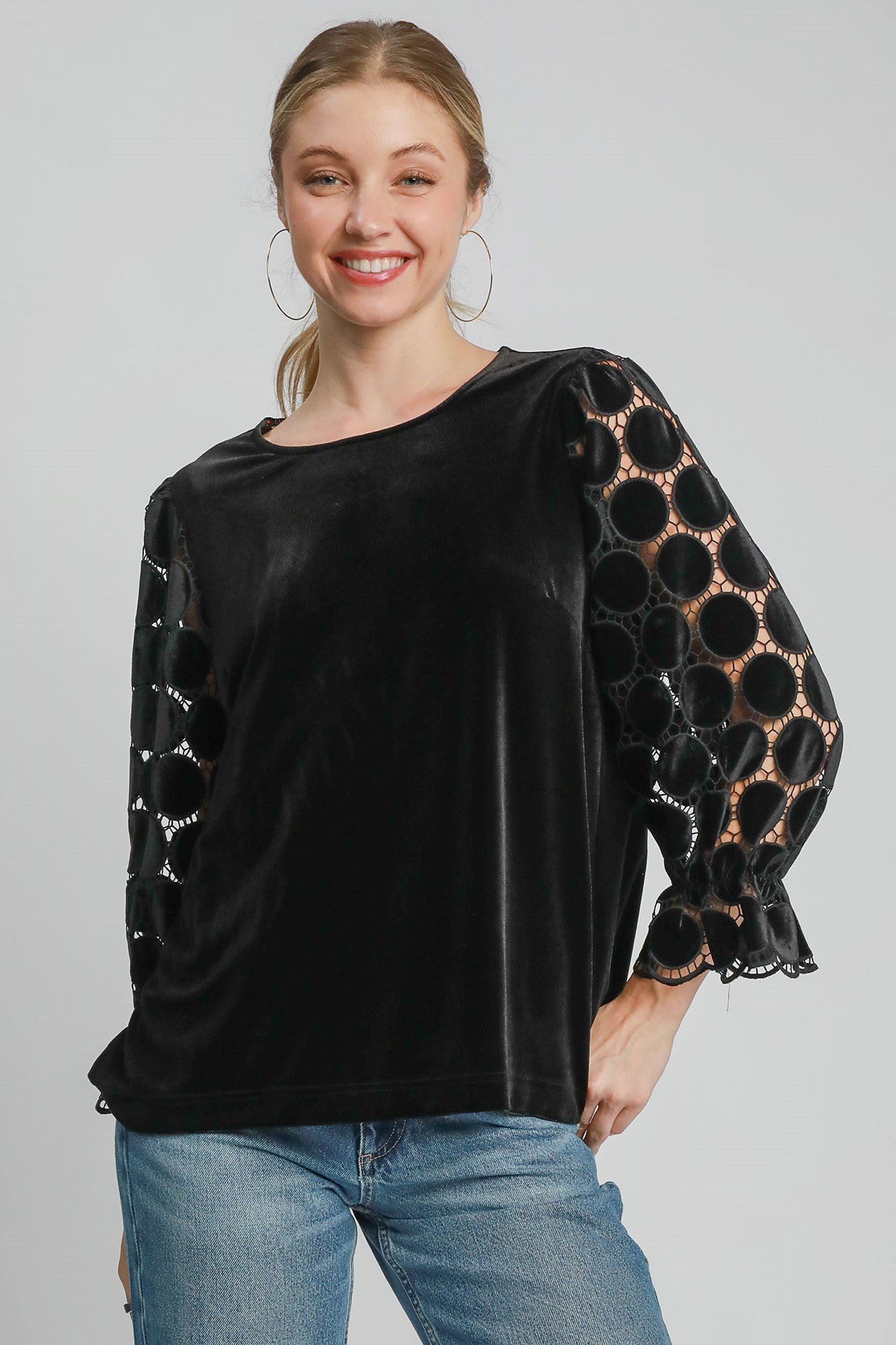 Umgee Polka Dot Lace Long Sleeve Round Neck Blouse Umgee Polka Dot Lace Long Sleeve Round Neck Blouse - TopFashionHQ
