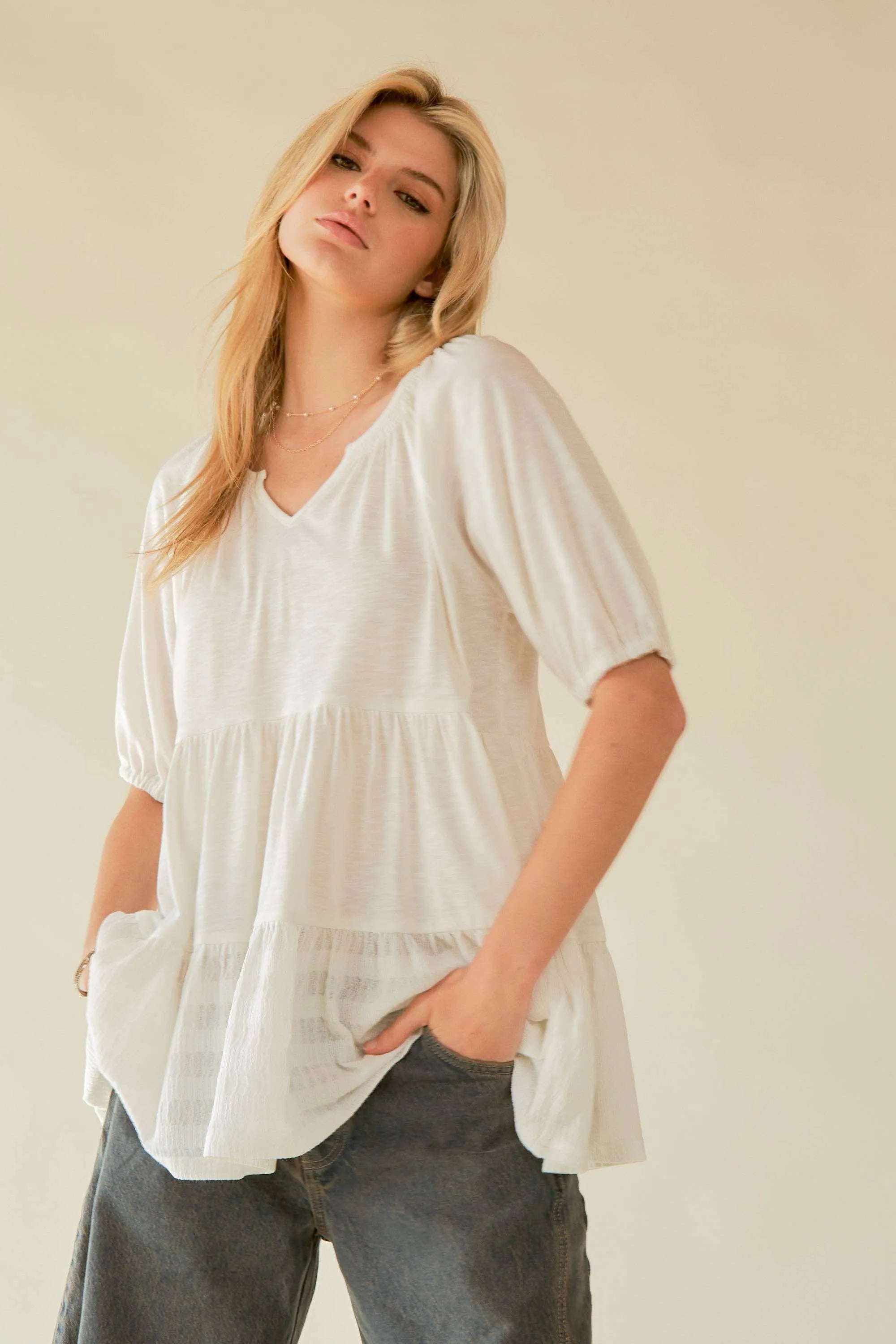 Davi & Dani Ruffled Flared Short Sleeve V Neck Blouse c333e94472314c3cbffbbe7da627cbf1-Max-Origin