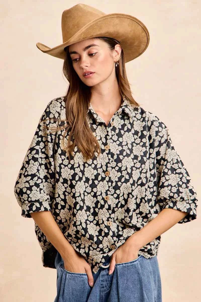 BiBi Floral Jacquard Short Dolman Sleeves Shirt BiBi Floral Jacquard Short Dolman Sleeves Shirt