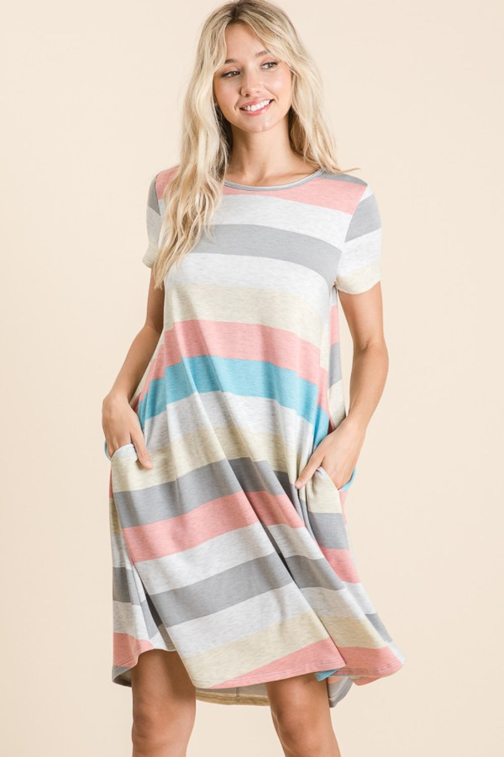 BOMBOM Striped Short Sleeve Dress with Pockets BOMBOM Striped Short Sleeve Dress with Pockets - TopFashionHQ