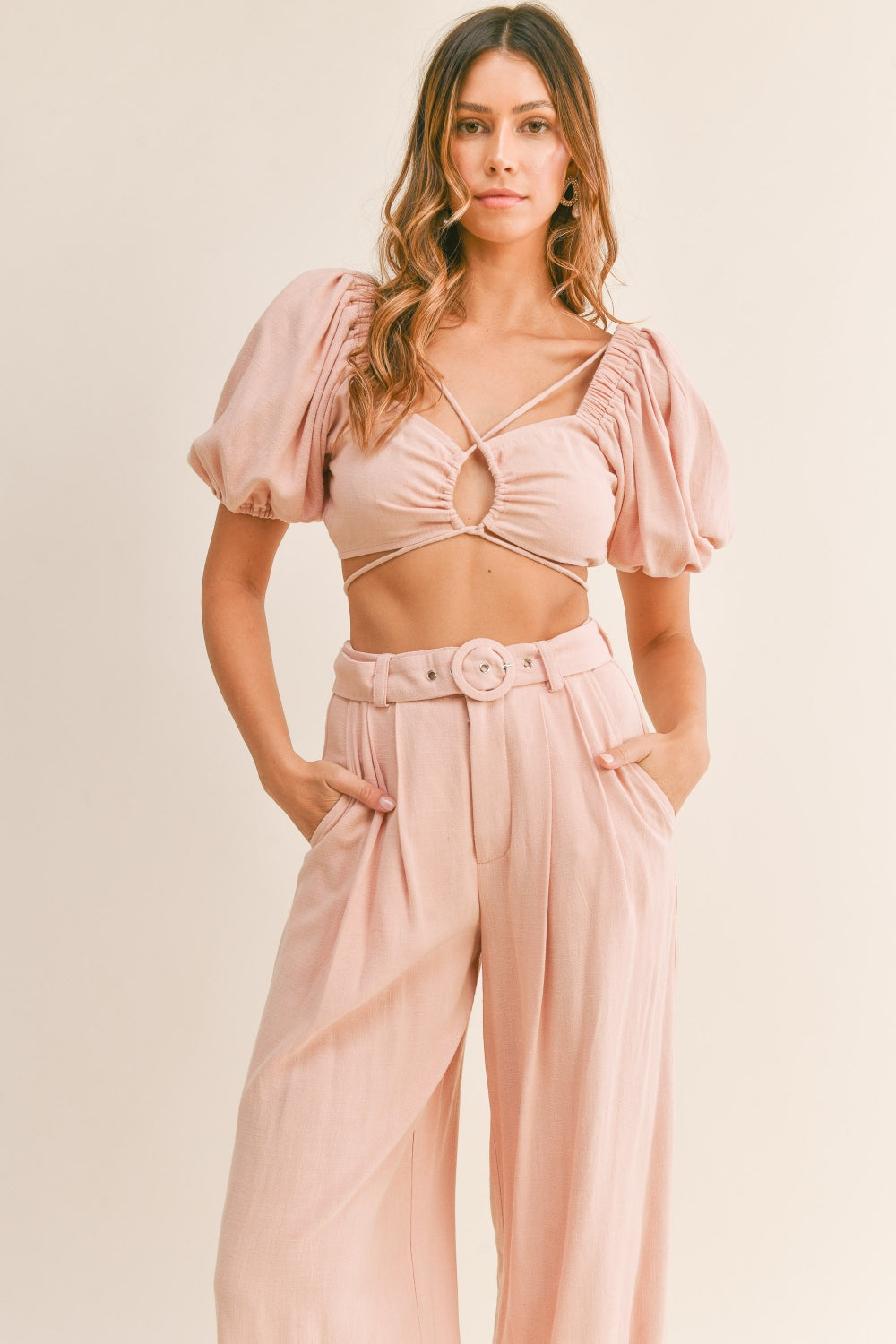 MABLE Cut Out Drawstring Crop Top and Belted Pants Set MABLE Cut Out Drawstring Crop Top and Belted Pants Set