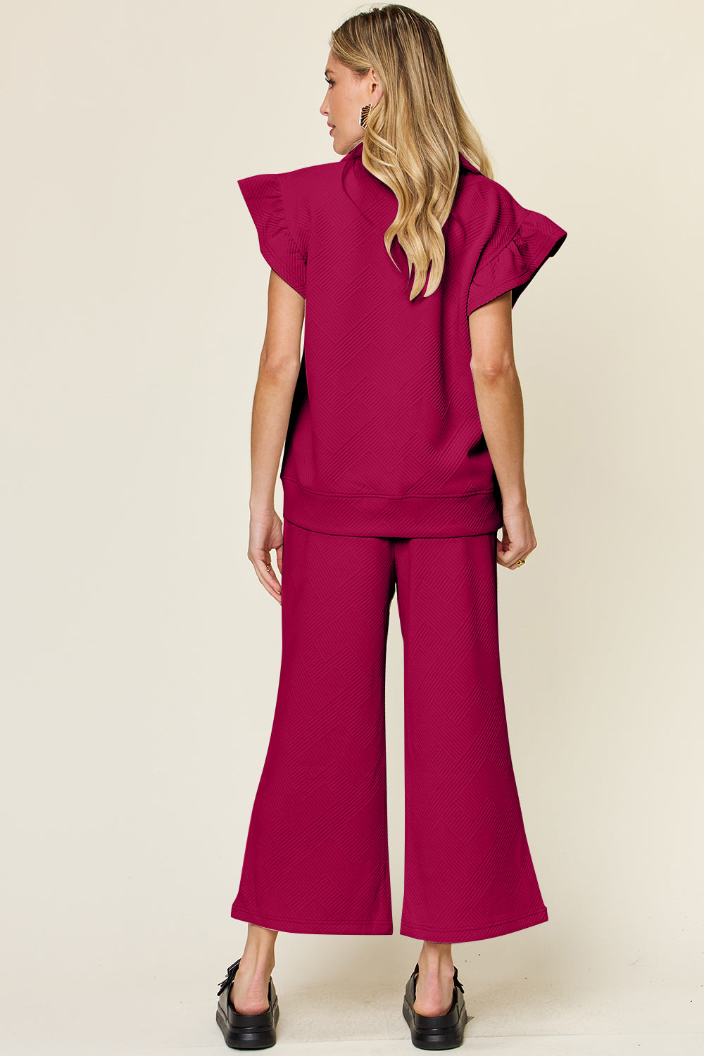Double Take Texture Ruffle Short Sleeve Top and Drawstring Wide Leg Pants Set Double Take Texture Ruffle Short Sleeve Top and Drawstring Wide Leg Pants Set