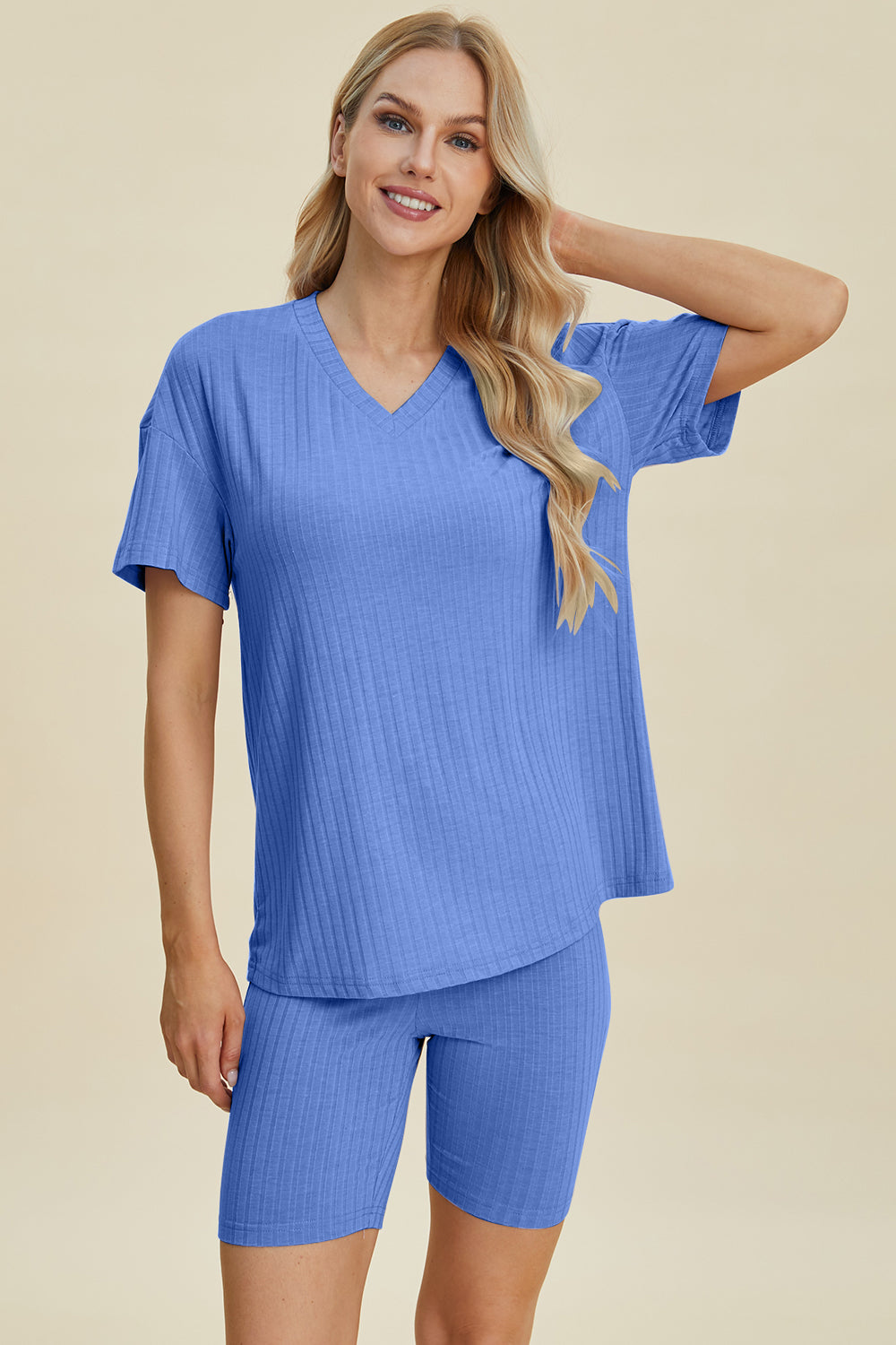 Basic Bae Full Size Ribbed V-Neck Short Sleeve Top and Shorts Set Basic Bae Full Size Ribbed V-Neck Short Sleeve Top and Shorts Set