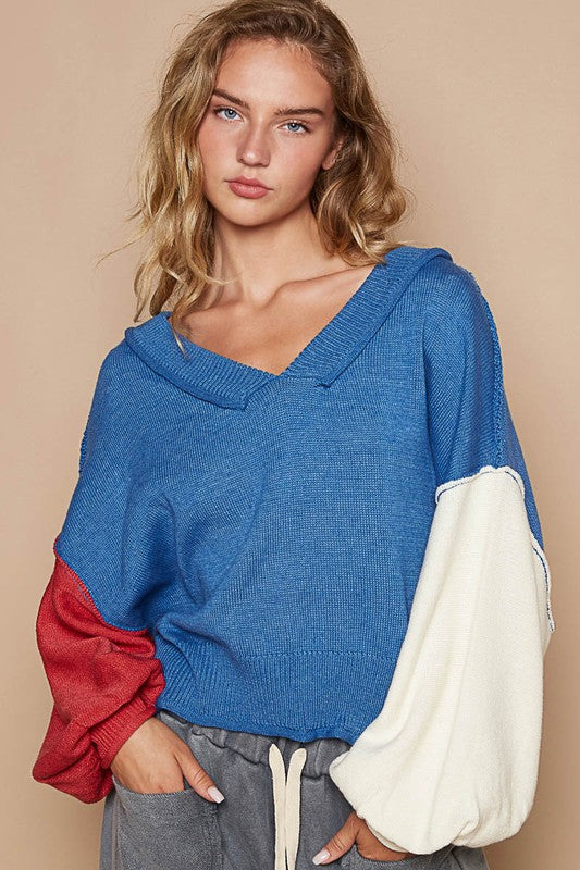 POL Exposed Seam Contrast V-Neck Lantern Sleeve Sweater POL Exposed Seam Contrast V-Neck Lantern Sleeve Sweater - TopFashionHQ