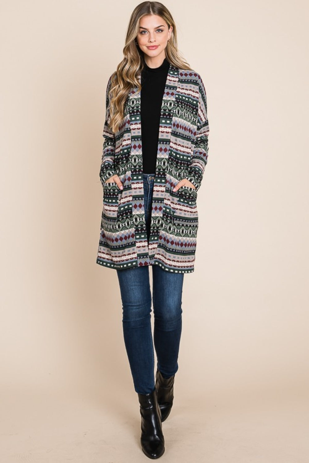 BOMBOM Geometric Open Front Long Sleeve Cardigan with Pockets BOMBOM Geometric Open Front Long Sleeve Cardigan with Pockets - TopFashionHQ