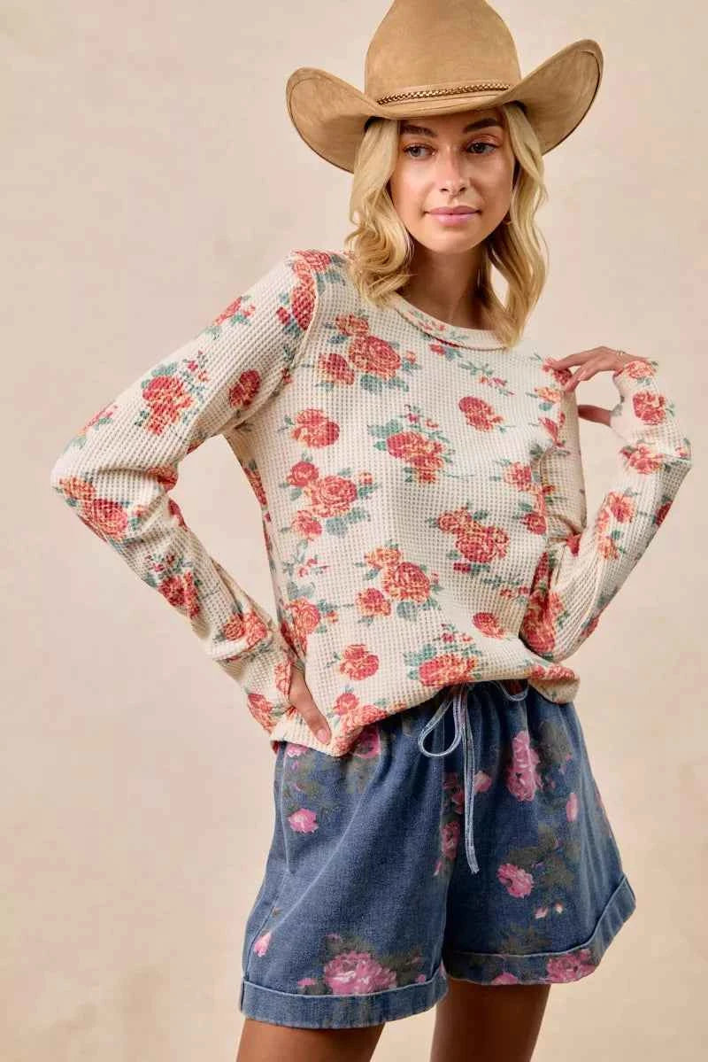 BiBi Floral Print Washed Waffle Thermal Top With Thumb BiBi Floral Print Washed Waffle Thermal Top With Thumb