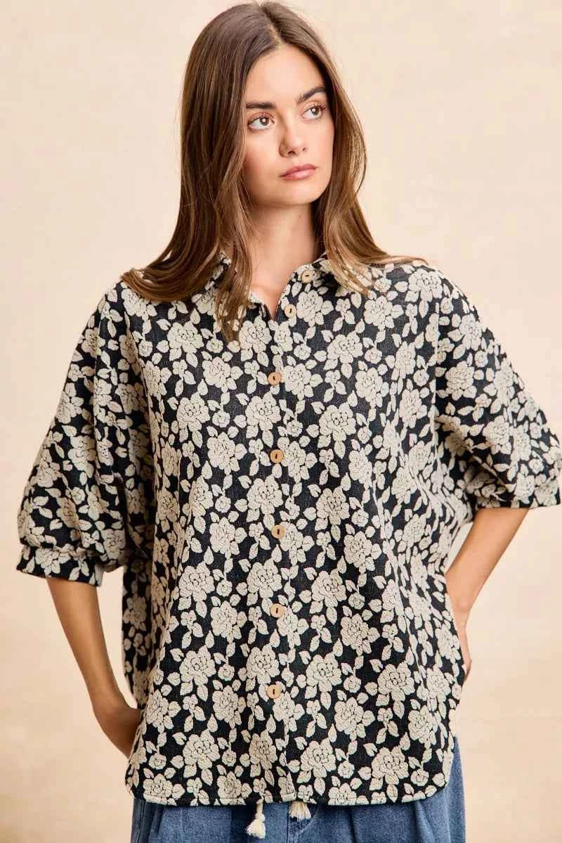 BiBi Floral Jacquard Short Dolman Sleeves Shirt BiBi Floral Jacquard Short Dolman Sleeves Shirt