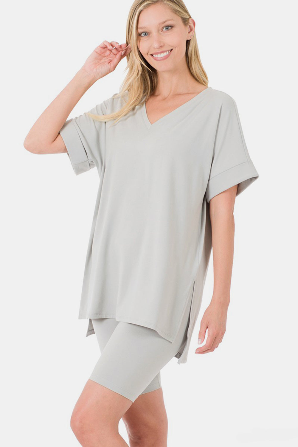 Zenana Full Size V-Neck Short Sleeve Slit T-Shirt and Shorts Set Zenana Full Size V-Neck Short Sleeve Slit T-Shirt and Shorts Set - TopFashionHQ