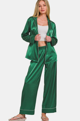 Zenana Satin Long Sleeve Shirt and Pants Pajama Set - TopFashionHQ