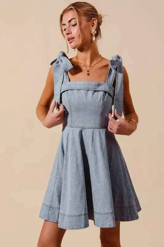 SO ME A Line Fit and Flare Diamond Bow Ribbon Denim Dres SO ME A Line Fit and Flare Diamond Bow Ribbon Denim Dres