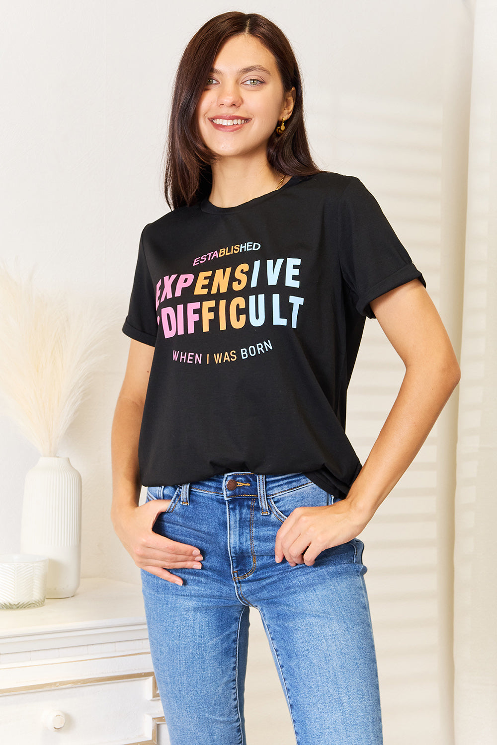 Simply Love Slogan Graphic Cuffed Sleeve T-Shirt Simply Love Slogan Graphic Cuffed Sleeve T-Shirt - TopFashionHQ