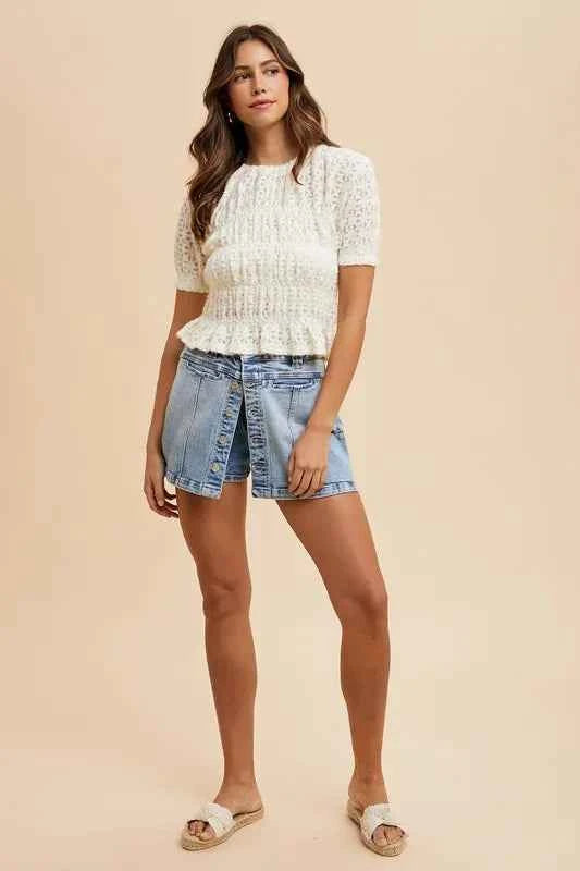 Annie Wear Button Detail Stretch Denim Wrap Mini Skort Annie Wear Button Detail Stretch Denim Wrap Mini Skort