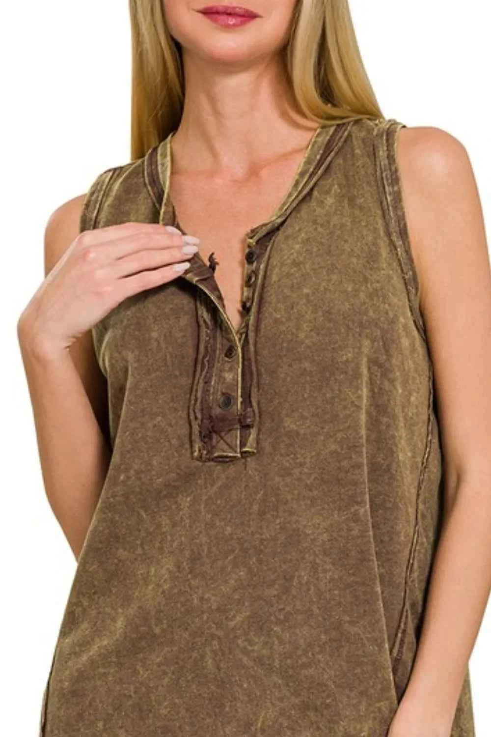 Zenana Washed Half-Button Raw Edge Sleeveless Henley Top Zenana Washed Half-Button Raw Edge Sleeveless Henley Top