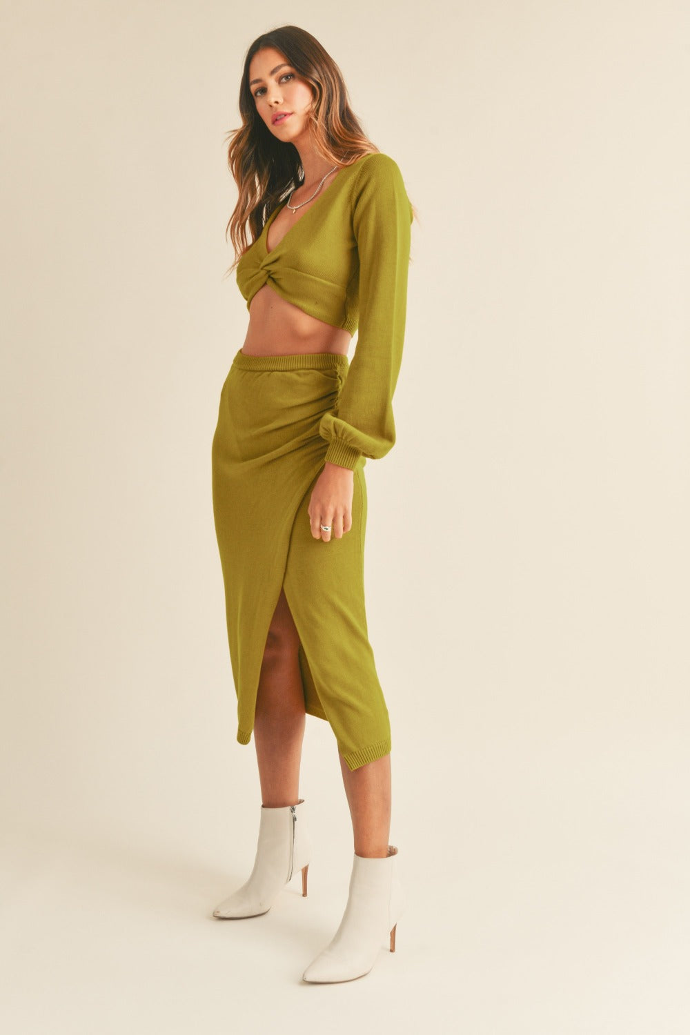 MABLE Front Twisted Knit Top and Midi Skirt Set MABLE Front Twisted Knit Top and Midi Skirt Set