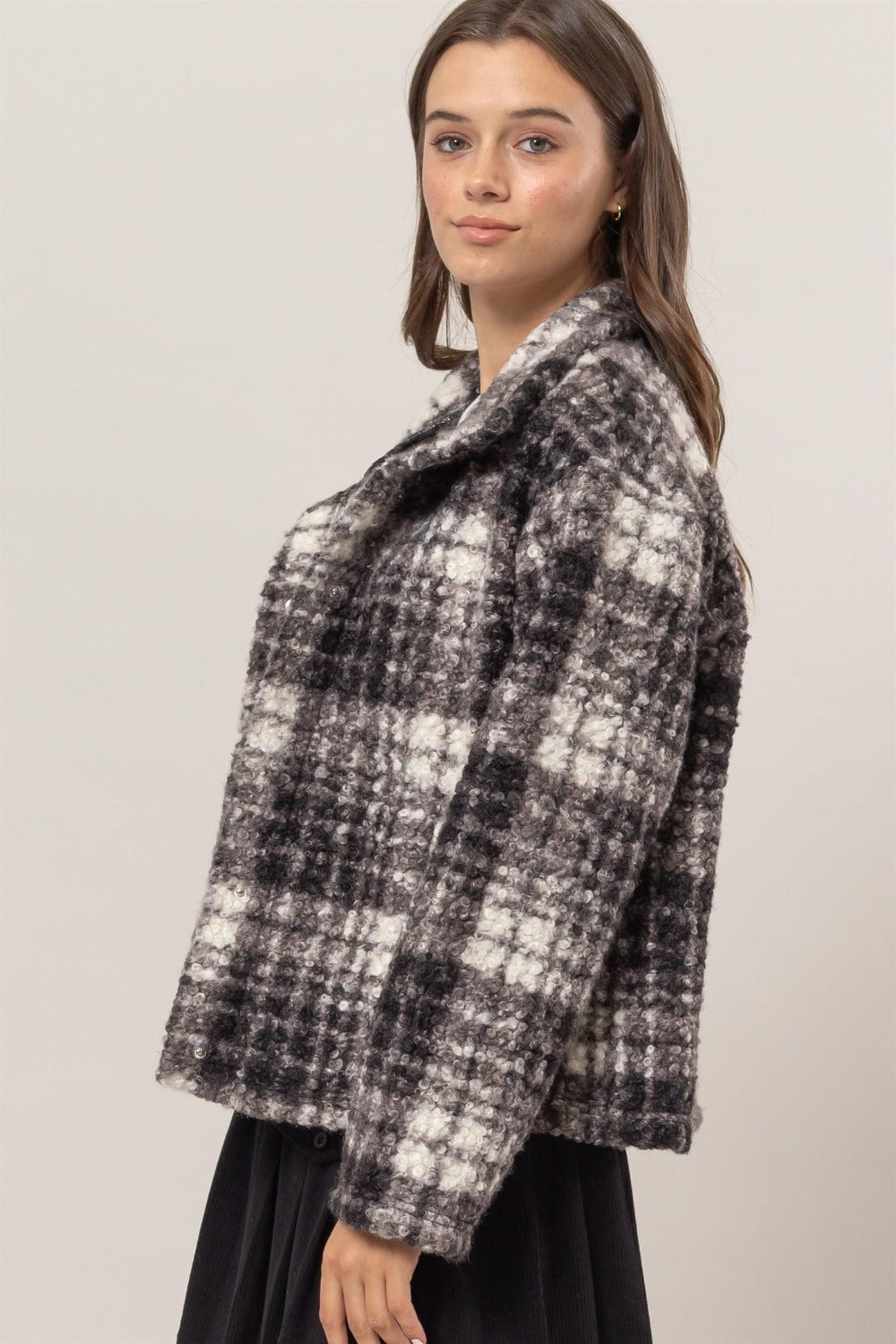 HYFVE Plaid Collared Neck Boucle Jacket with Pockets HYFVE Plaid Collared Neck Boucle Jacket with Pockets