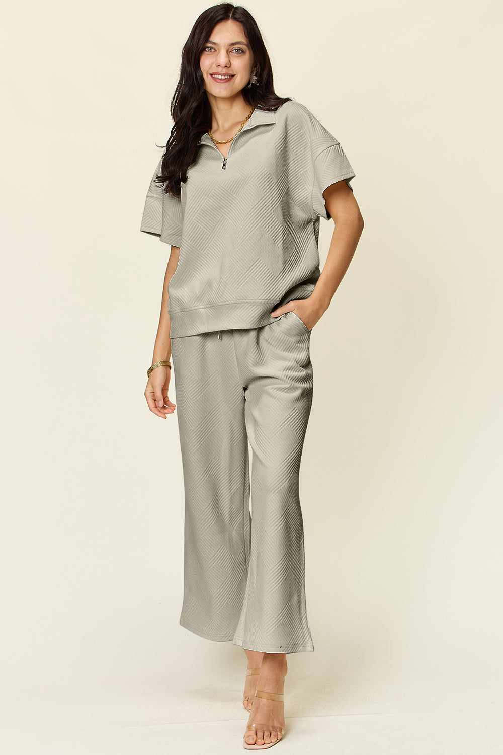 Double Take Full Size Texture Half Zip Short Sleeve Top and Pants Set Double Take Full Size Texture Half Zip Short Sleeve Top and Pants Set