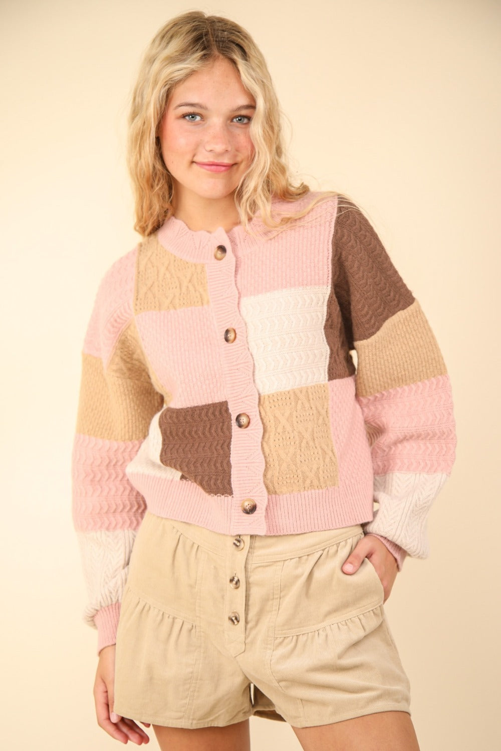 VERY J Color Block Button Down Textured Sweater Cardigan VERY J Color Block Button Down Textured Sweater Cardigan