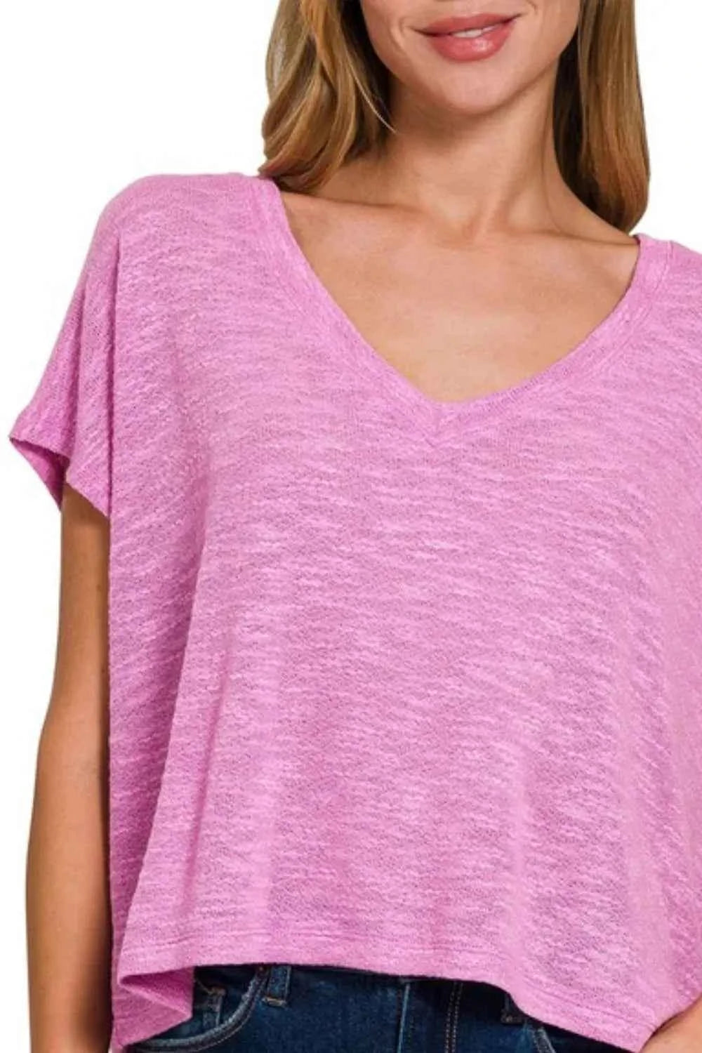Zenana Hacci Slub V-neck Drop Shoulder Crop Top Zenana Hacci Slub V-neck Drop Shoulder Crop Top