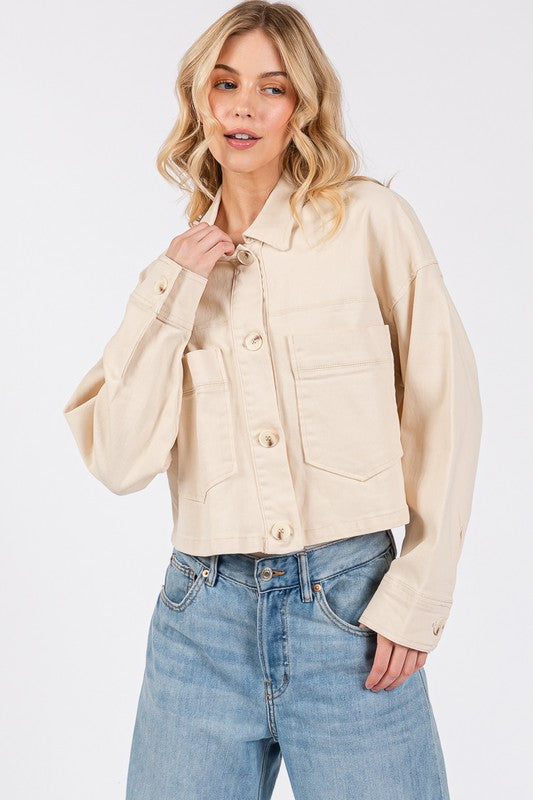 bytos Button Down Cropped Denim Jacket with Patch Pockets bytos Button Down Cropped Denim Jacket with Patch Pockets