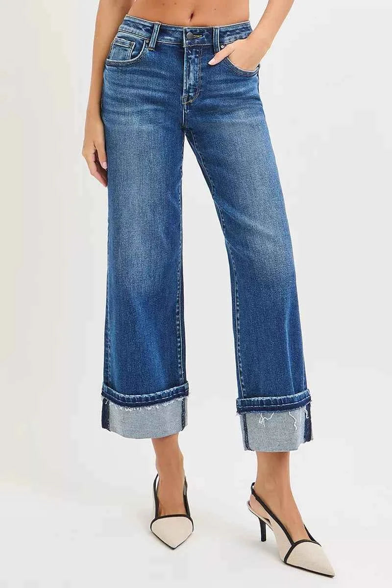 RISEN Mid Rise Ankle Straight Jeans with Cuffed Hem RISEN Mid Rise Ankle Straight Jeans with Cuffed Hem