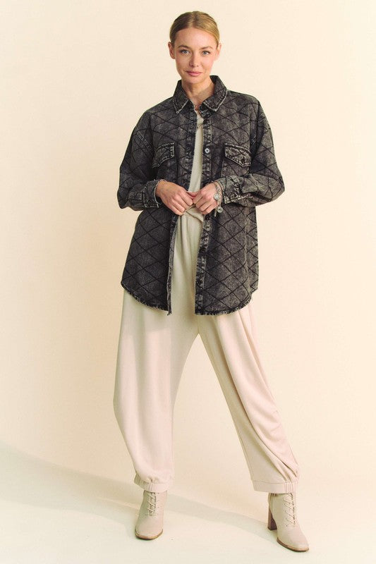 Davi & Dani Curved Hem Diamond Quilted Button Up Denim Shacket Davi & Dani Curved Hem Diamond Quilted Button Up Denim Shacket