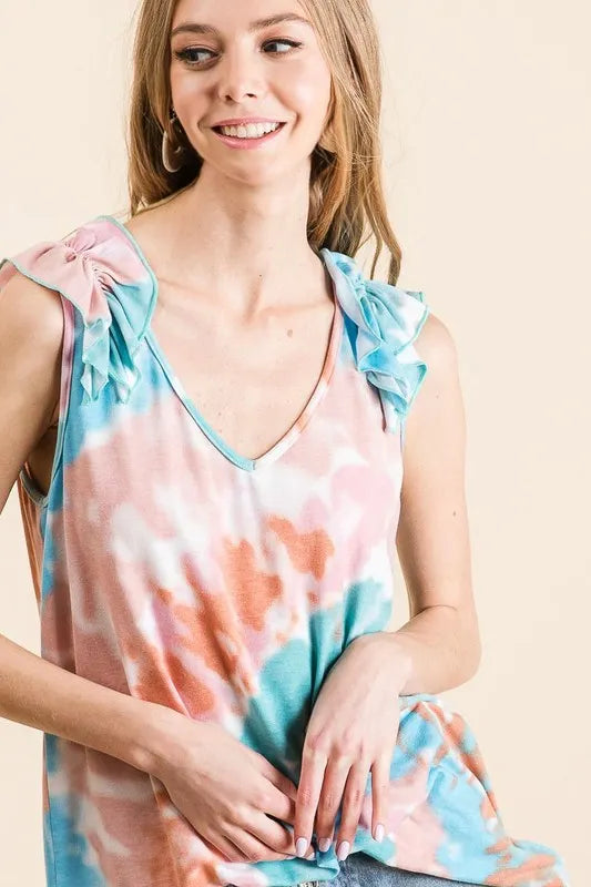 BiBi Circular Tie Dye Knit V Neck Top With Ruffle c5b02480ea6b4c2fb18e2c26585b765a-Max-Origin