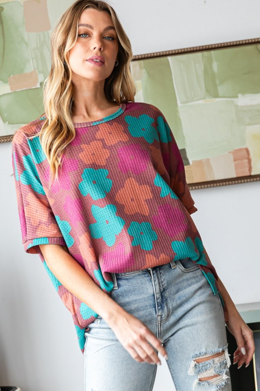 HOPELY Full Size Floral Round Neck Side Slit T-Shirt HOPELY Full Size Floral Round Neck Side Slit T-Shirt - TopFashionHQ