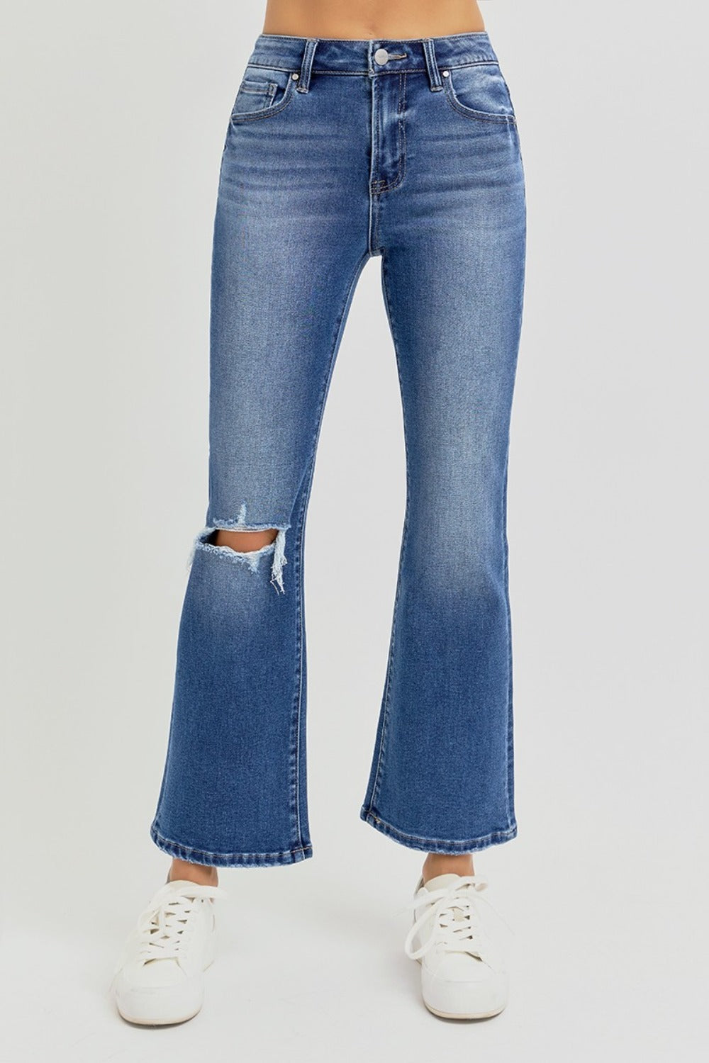 RISEN Full Size Distressed High Rise Crop Flare Jeans RISEN Full Size Distressed High Rise Crop Flare Jeans - TopFashionHQ
