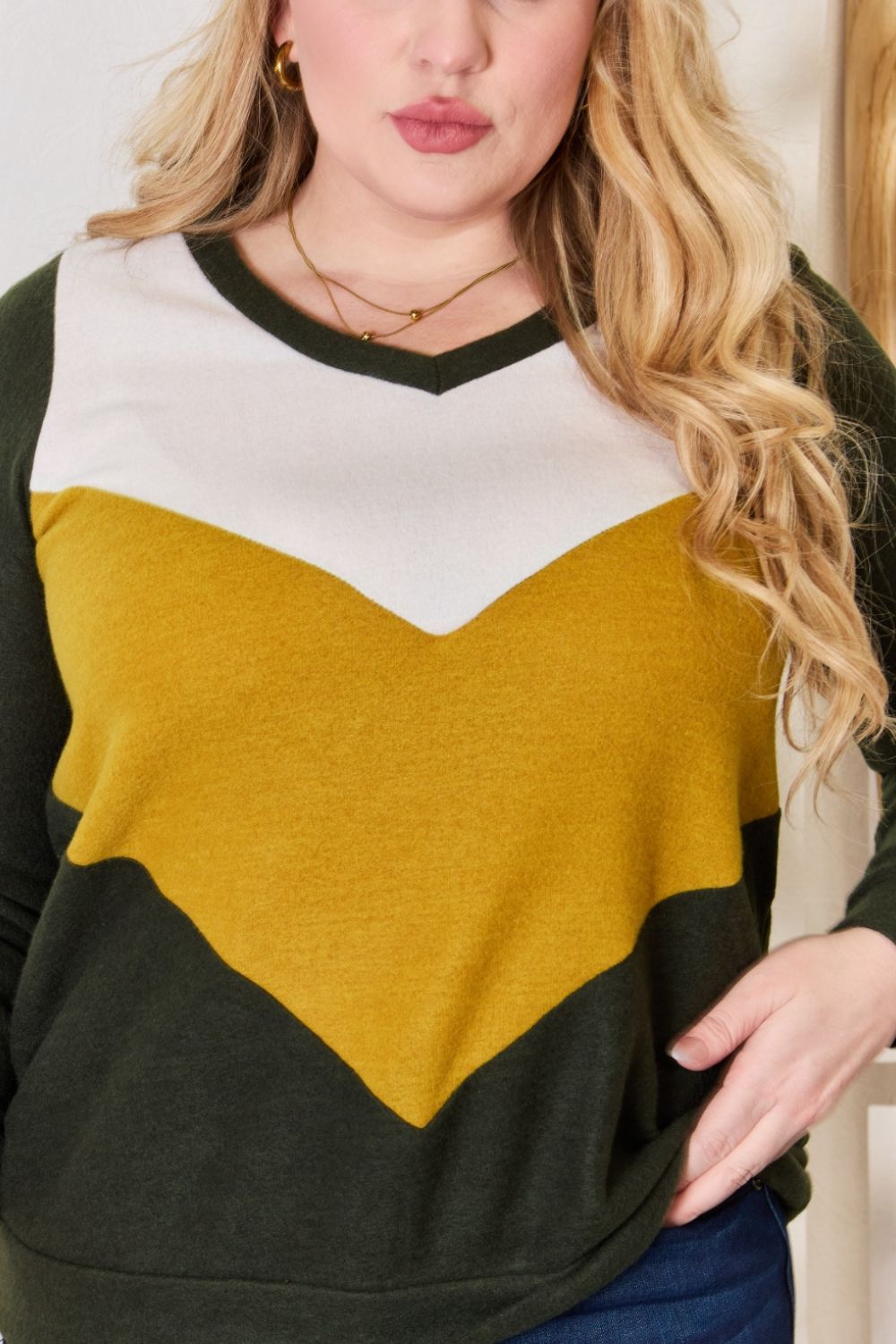 Hailey & Co Full Size Colorblock V-Neck Blouse Hailey & Co Full Size Colorblock V-Neck Blouse - TopFashionHQ