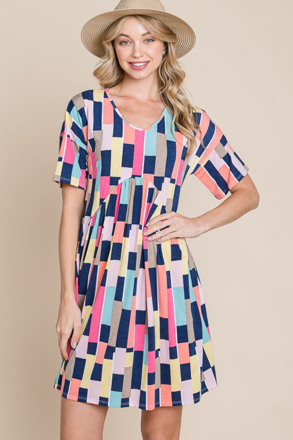 BOMBOM Ruched Color Block Short Sleeve Mini Dress BOMBOM Ruched Color Block Short Sleeve Mini Dress - TopFashionHQ