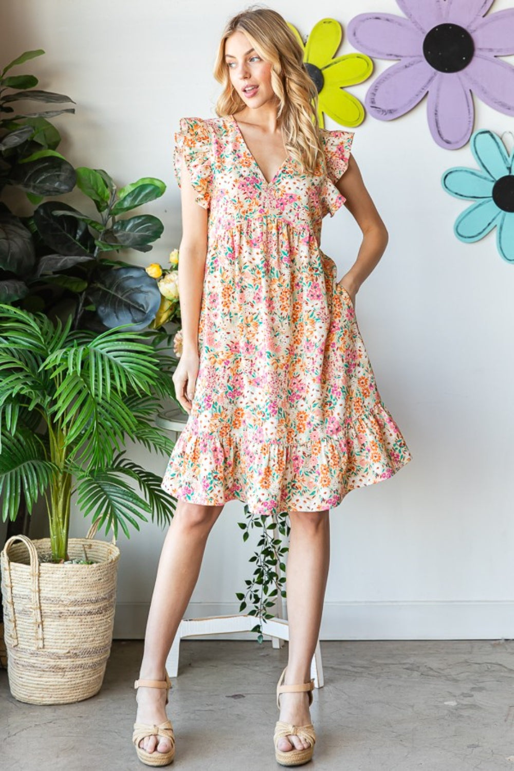Heimish Full Size Floral Ruffled V-Neck Dress Heimish Full Size Floral Ruffled V-Neck Dress - TopFashionHQ