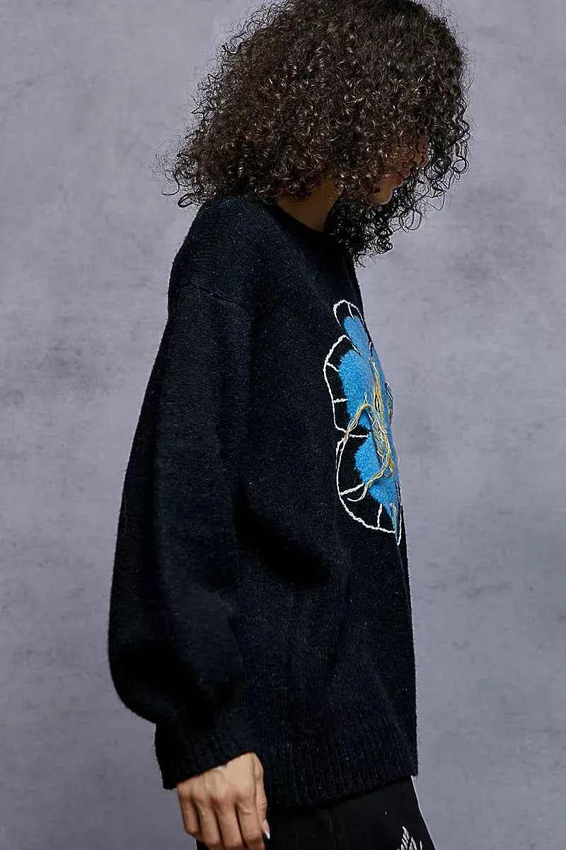 POL Floral Pattern Round Neck Sweater with Exposed Stitching POL Floral Pattern Round Neck Sweater with Exposed Stitching