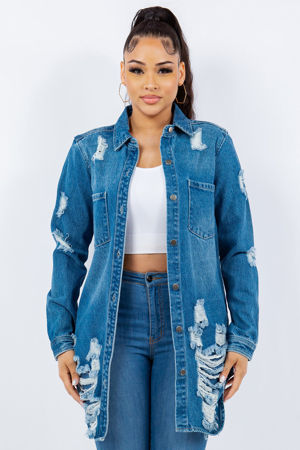 American Bazi Distressed Button Up Long Sleeve Denim Jacket American Bazi Distressed Button Up Long Sleeve Denim Jacket