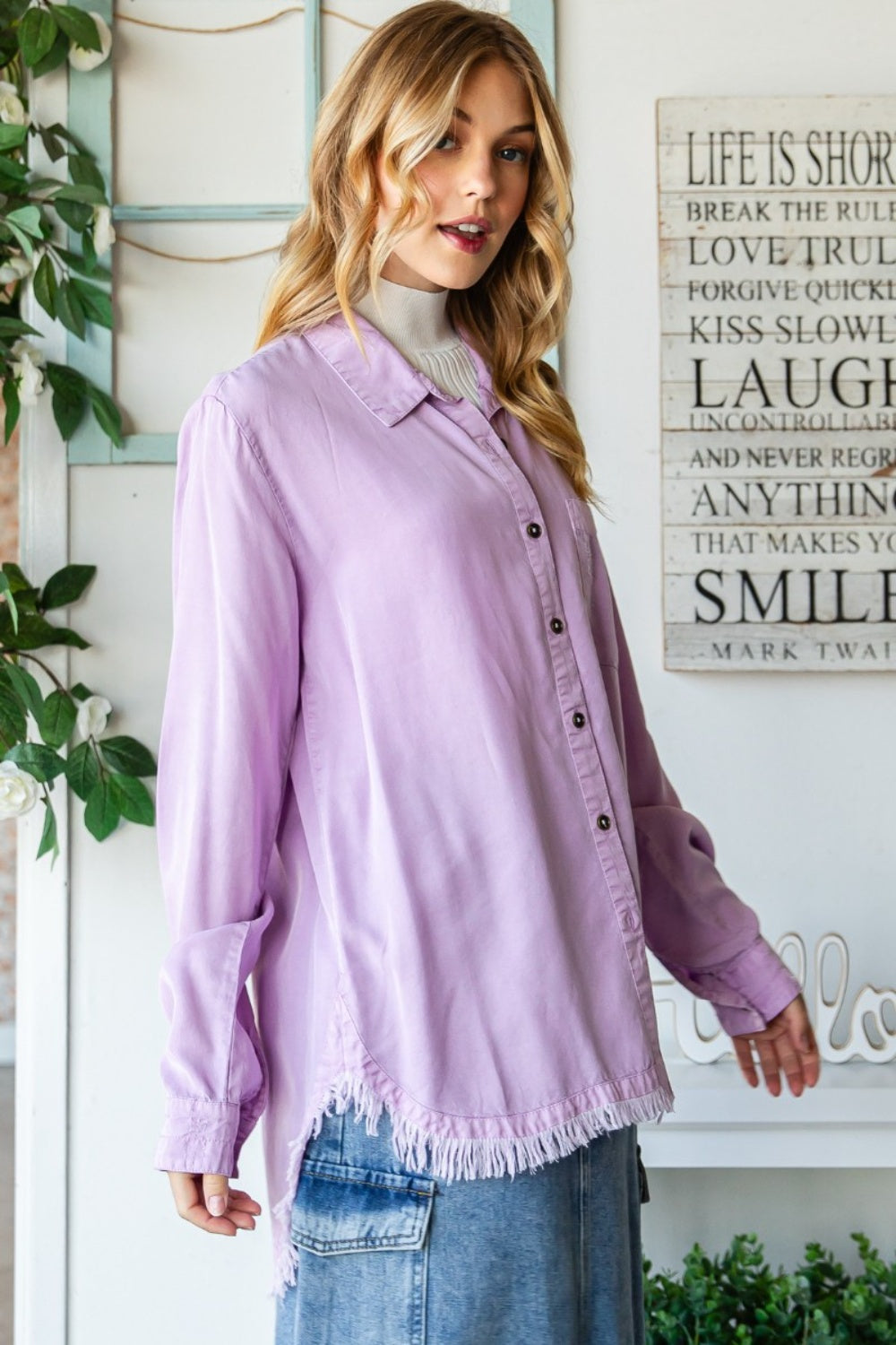 Veveret Raw Hem Button Up Long Sleeve Shirt Veveret Raw Hem Button Up Long Sleeve Shirt - TopFashionHQ