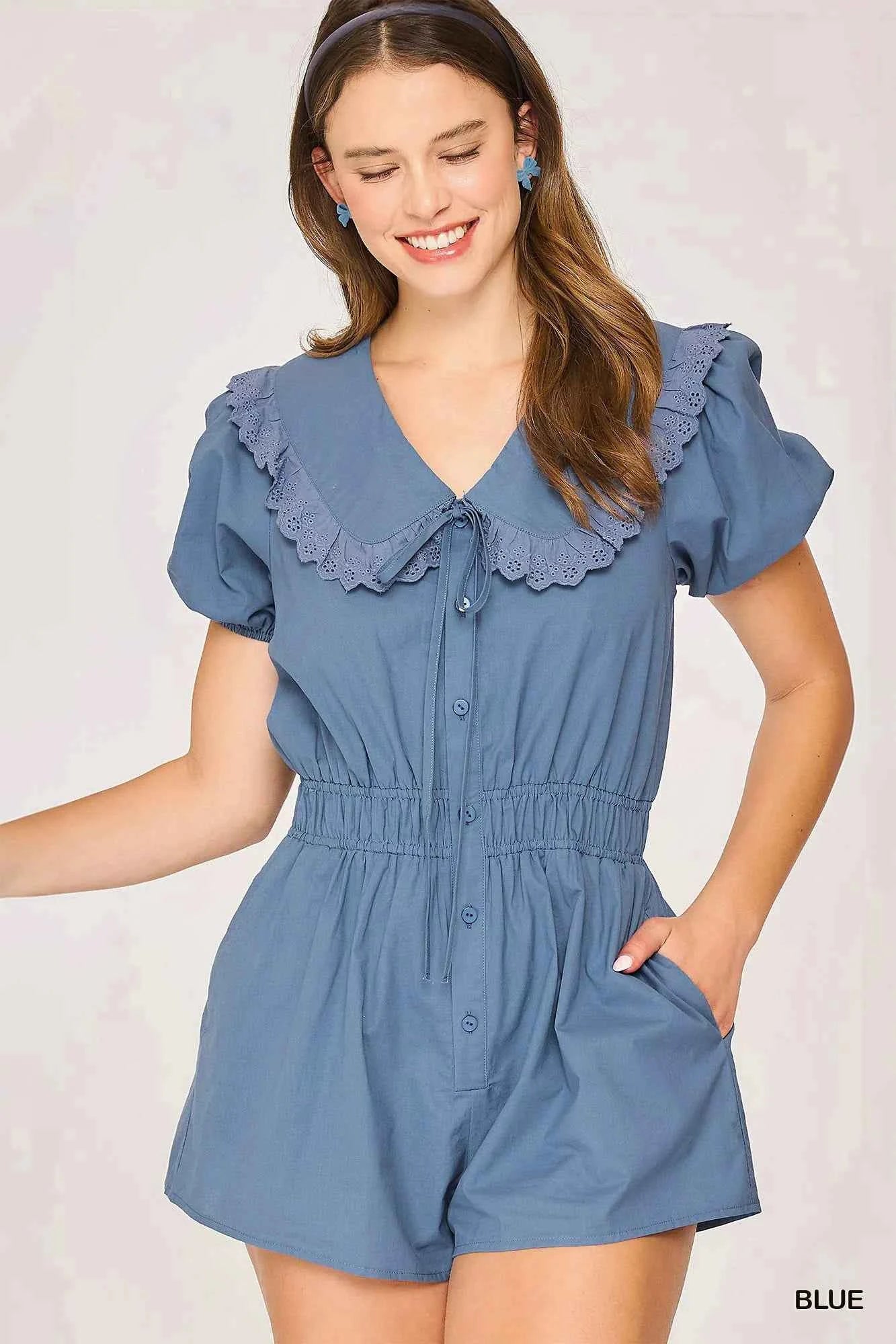Umgee Collared Short Sleeve Button Down Romper Umgee Collared Short Sleeve Button Down Romper