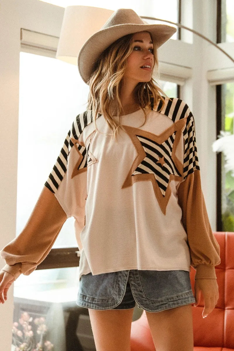 BiBi Star Patchwork Mixed Long Sleeve Top c6e31389c6d943bababac6c452a9496d-Max-Origin