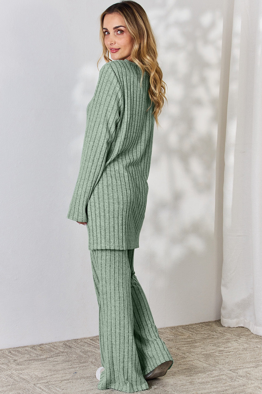 Basic Bae Full Size Ribbed High-Low Top and Wide Leg Pants Set Basic Bae Full Size Ribbed High-Low Top and Wide Leg Pants Set - TopFashionHQ