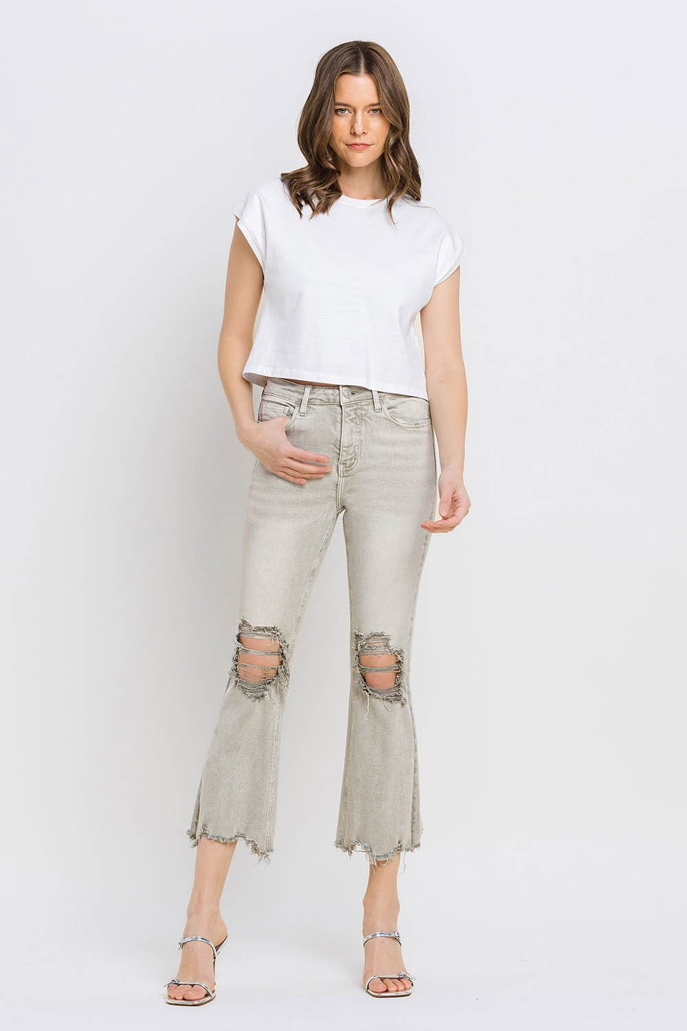 Lovervet Distressed Raw Hem Cropped Flare Jeans Lovervet Distressed Raw Hem Cropped Flare Jeans - TopFashionHQ